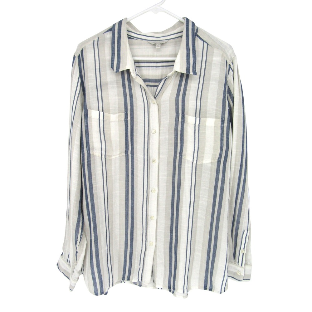 Lucky Brand Button Up Shirt Womens XL Blue White Striped Cotton Modal LS
